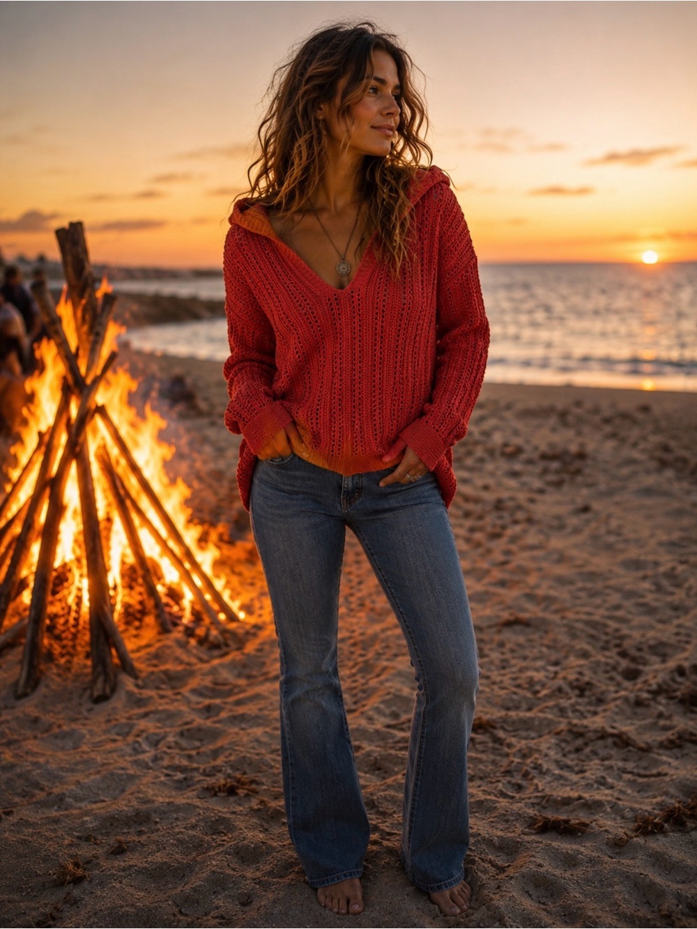 Bamboo Traders Red V‑Neck Hoodie Sweater
